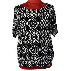 Chico's Top 2/L/12 Black & White Geometric Print Popover Casual Short Sleeve